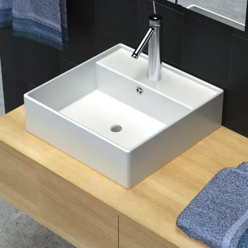 vidaXL Ceramic Basin Square with Overflow and Faucet Hole 41 x 41 cm