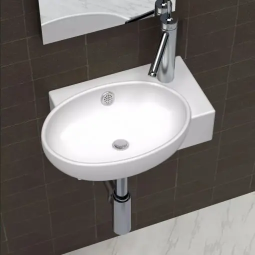 vidaXL Ceramic Sink Basin Faucet & Overflow Hole Bathroom White