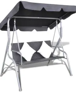 vidaXL Outdoor Hanging Rattan Swing Bench with a Canopy Black