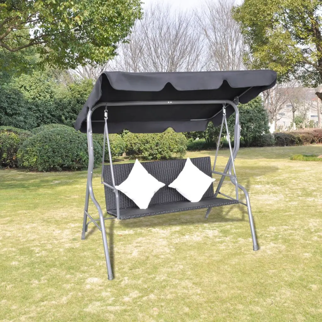 vidaXL Outdoor Hanging Rattan Swing Bench with a Canopy Black