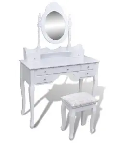 vidaXL Dressing Table with Mirror and Stool 7 Drawers White