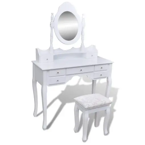 vidaXL Dressing Table with Mirror and Stool 7 Drawers White