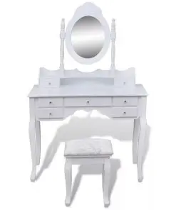vidaXL Dressing Table with Mirror and Stool 7 Drawers White