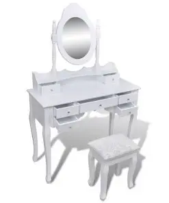 vidaXL Dressing Table with Mirror and Stool 7 Drawers White