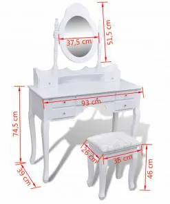 vidaXL Dressing Table with Mirror and Stool 7 Drawers White
