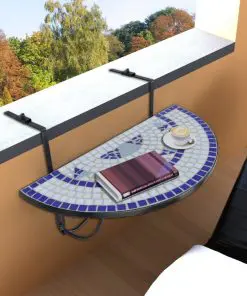 vidaXL Hanging Balcony Table Blue and White Mosaic