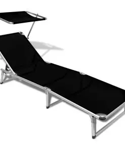 vidaXL Folding Sun Lounger with Roof Aluminium and Textilene Black