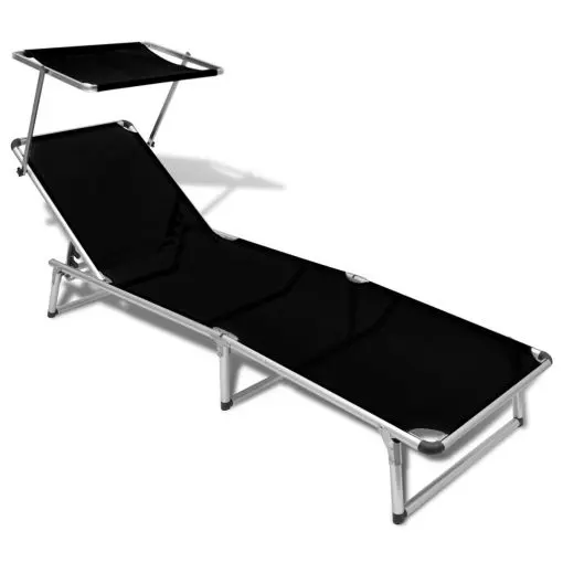 vidaXL Folding Sun Lounger with Roof Aluminium and Textilene Black