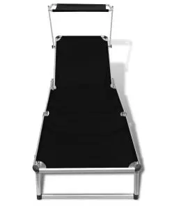 vidaXL Folding Sun Lounger with Roof Aluminium and Textilene Black