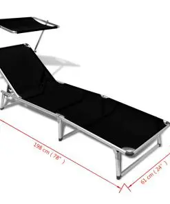 vidaXL Folding Sun Lounger with Roof Aluminium and Textilene Black