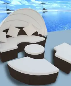 vidaXL Outdoor Lounge Bed with Canopy Poly Rattan Brown