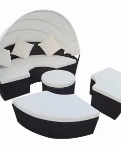 vidaXL Outdoor Lounge Bed with Canopy Poly Rattan Black