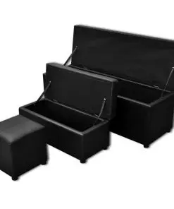 Black Artificial Leather Storage Bench Set Footrest 3 pcs Black Artificial Leather Storage Bench Set Footrest 3 pcs