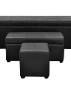 Black Artificial Leather Storage Bench Set Footrest 3 pcs