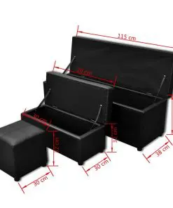 Black Artificial Leather Storage Bench Set Footrest 3 pcs