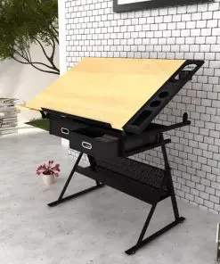 Two Drawers Tiltable Tabletop Drawing Table with Stool