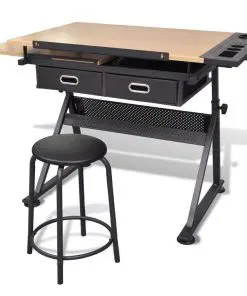 Two Drawers Tiltable Tabletop Drawing Table with Stool