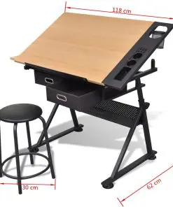 Two Drawers Tiltable Tabletop Drawing Table with Stool