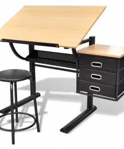 vidaXL Three Drawers Drawing Table with Stool