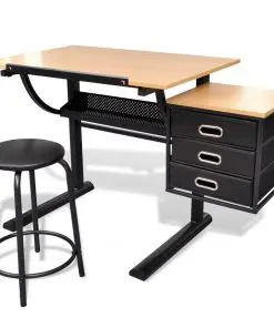 vidaXL Three Drawers Drawing Table with Stool