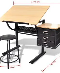 vidaXL Three Drawers Drawing Table with Stool
