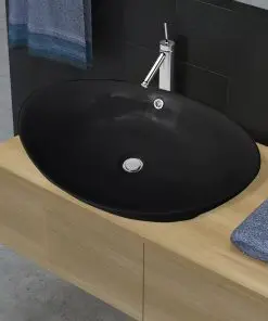 vidaXL Black Luxury Ceramic Basin Oval with Overflow 59 x 38.5 cm