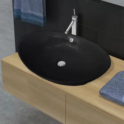 vidaXL Black Luxury Ceramic Basin Oval with Overflow 59 x 38.5 cm