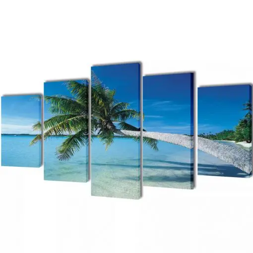 Canvas Wall Print Set Sand Beach with Palm Tree 100 x 50 cm