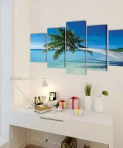 Canvas Wall Print Set Sand Beach with Palm Tree 100 x 50 cm