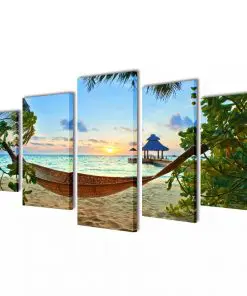 Canvas Wall Print Set Sand Beach with Hammock 100 x 50 cm