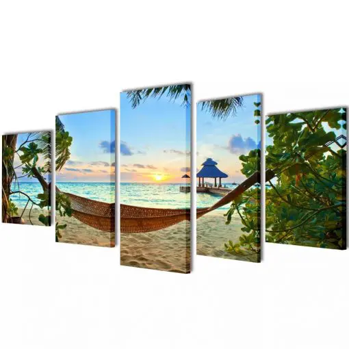 Canvas Wall Print Set Sand Beach with Hammock 100 x 50 cm