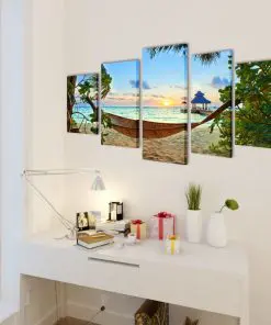 Canvas Wall Print Set Sand Beach with Hammock 100 x 50 cm