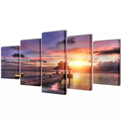 vidaXL Canvas Wall Print Set Beach with Pavilion 100 x 50 cm