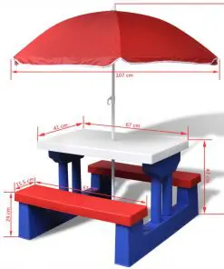 vidaXL Kids’ Picnic Table with Benches and Parasol Multicolour