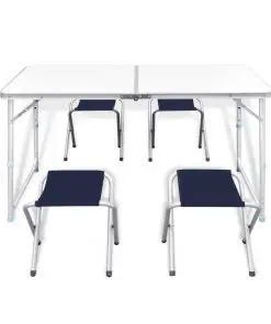 Foldable Camping Table Set with 4 Stools Height Adjustable 120x60cm
