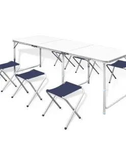 Foldable Camping Table Set with 6 Stools Height Adjustable 180x60cm