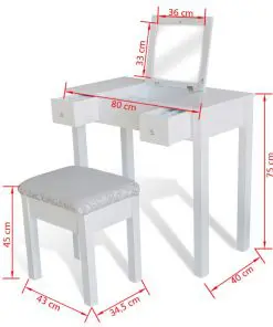 vidaXL Dressing Table with Stool and 1 Flip-up Mirror White