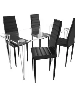 Dining Set Black Slim Line Chair 4 pcs with 1 Glass Table