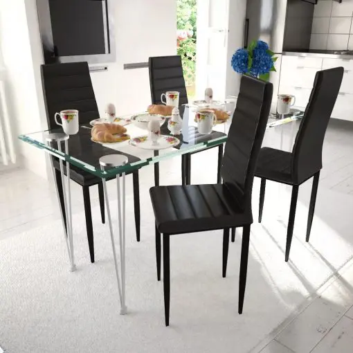 Dining Set Black Slim Line Chair 4 pcs with 1 Glass Table