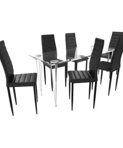 Dining Set Black Slim Line Chair 6 pcs with 1 Glass Table