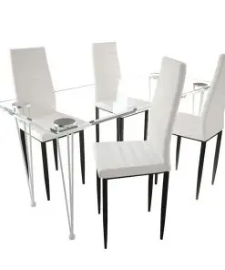 Dining Set White Slim Line Chair 4 pcs with 1 Glass Table