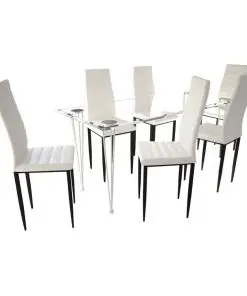 Dining Set White Slim Line Chair 6 pcs with 1 Glass Table
