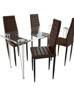 Dining Set Brown Slim Line Chair 4 pcs with 1 Glass Table