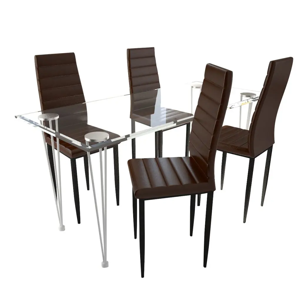 Dining Set Brown Slim Line Chair 4 pcs with 1 Glass Table