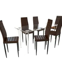 Dining Set Brown Slim Line Chair 6 pcs with 1 Glass Table
