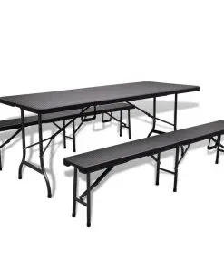 vidaXL Outdoor Table with 2 Benches HDPE Black Rattan Look