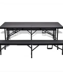 vidaXL Outdoor Table with 2 Benches HDPE Black Rattan Look