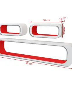 3 White-red MDF Floating Wall Display Shelf Cubes Book/DVD Storage
