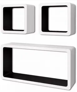 3 White-black MDF Floating Wall Display Shelf Cubes Book/DVD Storage