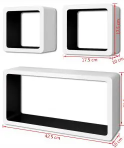 3 White-black MDF Floating Wall Display Shelf Cubes Book/DVD Storage